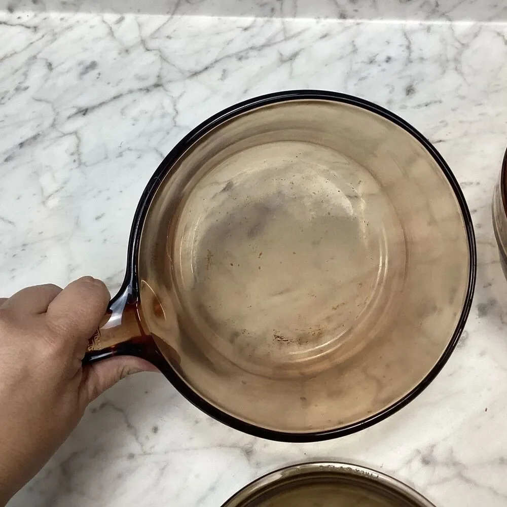 Vintage Corning Vision Amber Glass Cookware Set 1.5L Saucepan w/ Lid & Casserole
